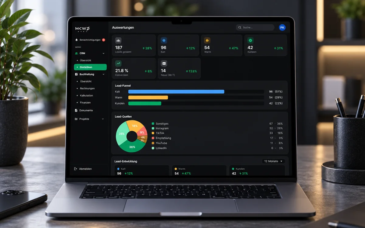 Das MAWU-CRM auf einem Notebook: Auswertungen mit Lead-Kennzahlen, Lead-Funnel von kalt bis Kunde und der Verteilung der Lead-Quellen