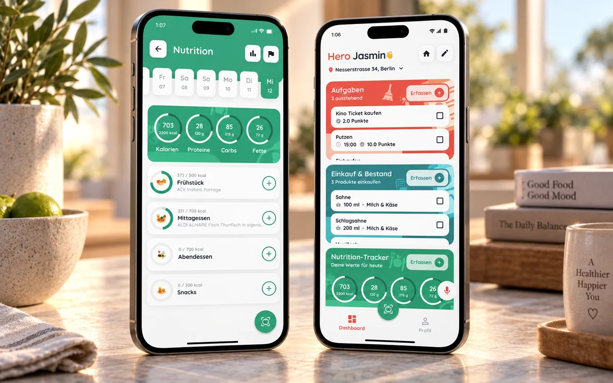 Die HomeHero-App auf zwei Smartphones: links der Nutrition-Tracker, rechts das Dashboard mit Aufgaben, Einkaufsliste und Punkten