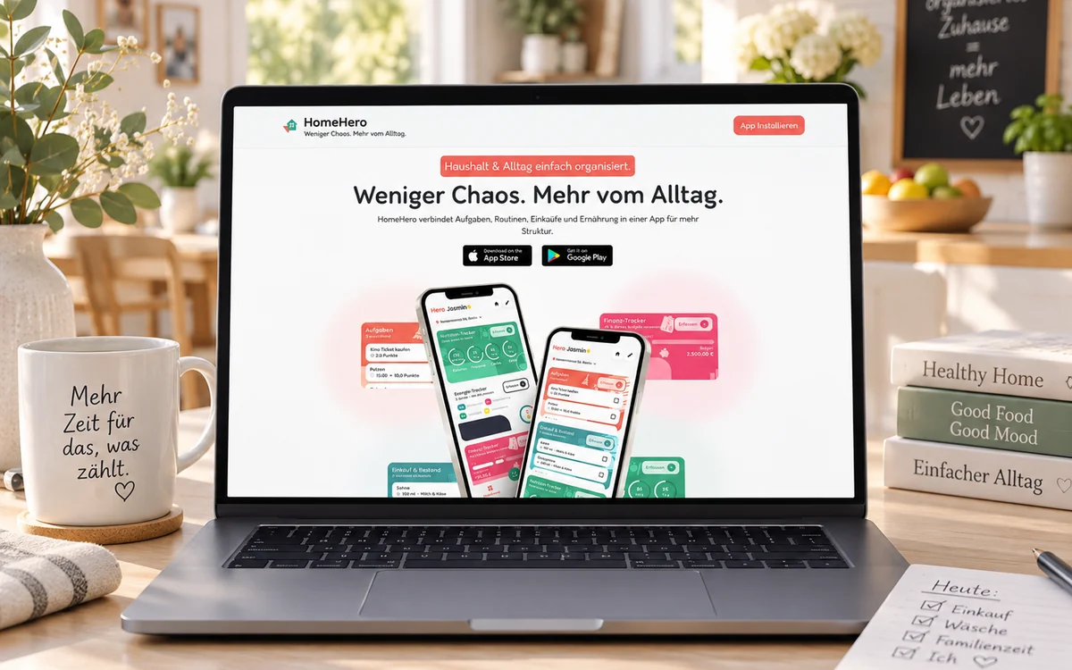 Die HomeHero-Landingpage auf einem Notebook: Überschrift Weniger Chaos, mehr vom Alltag, die Buttons zu App Store und Google Play und darunter Ansichten der App