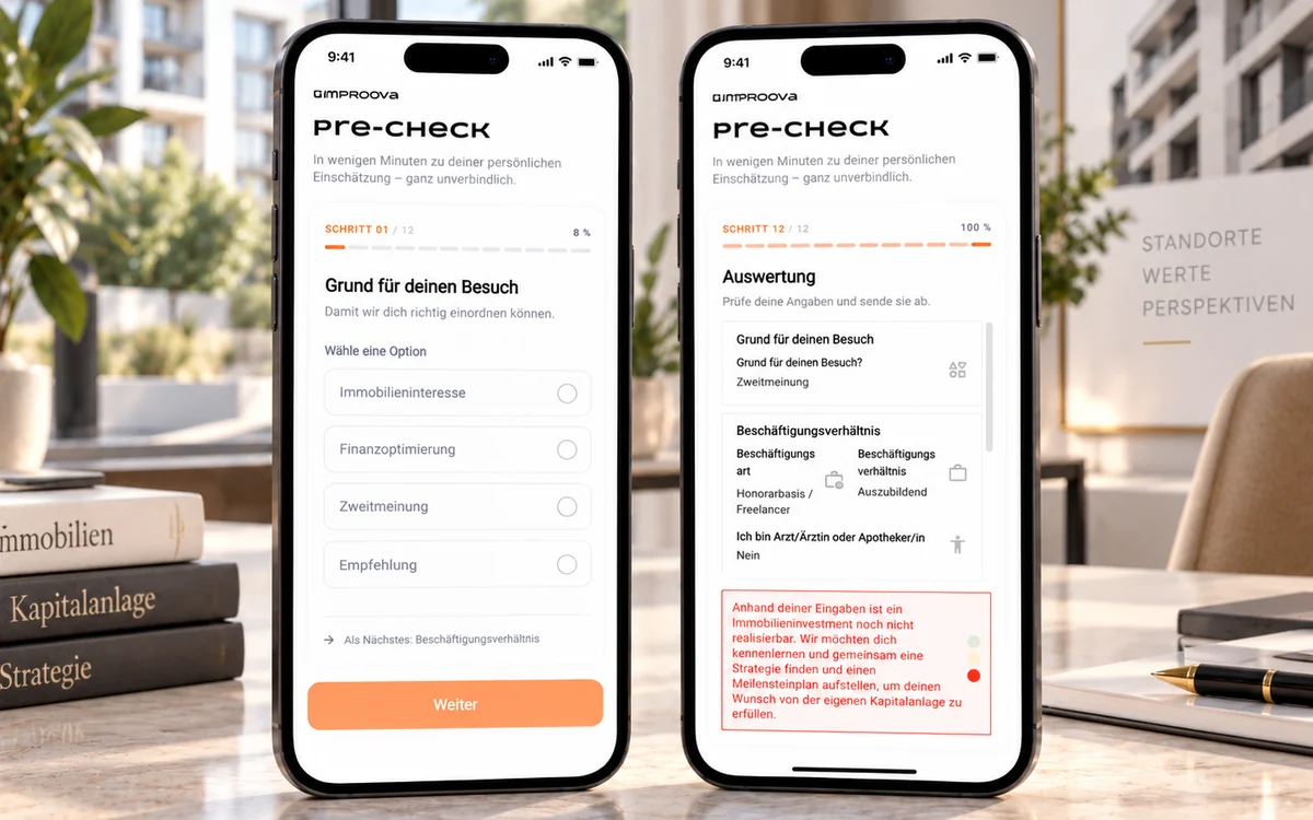 Der Improova Pre-Check auf zwei Smartphones: links die erste Frage nach dem Grund des Besuchs, rechts die Auswertung mit den Angaben und der persönlichen Einschätzung