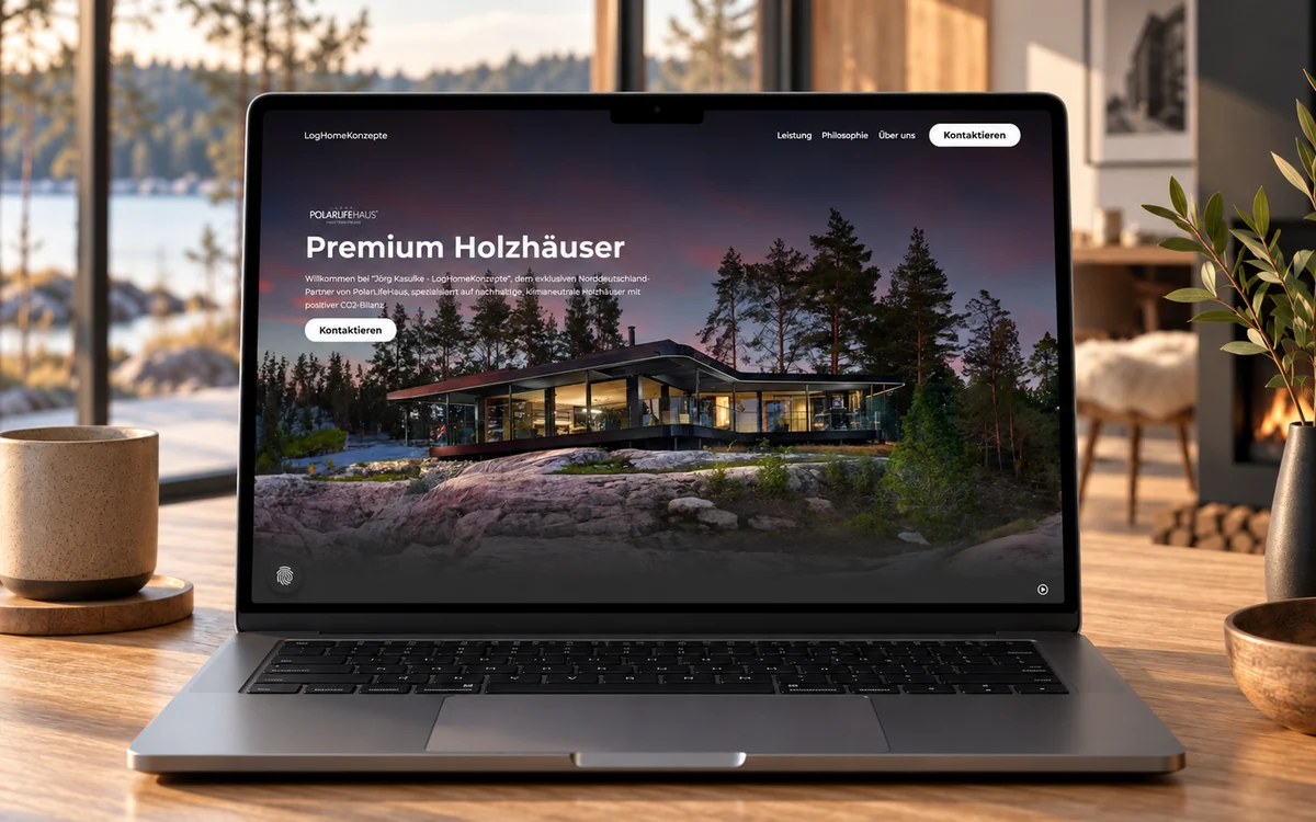 Die Website von LogHomeKonzepte auf einem Notebook: Startseite mit der Überschrift Premium Holzhäuser und einem finnischen Holzhaus am Wasser