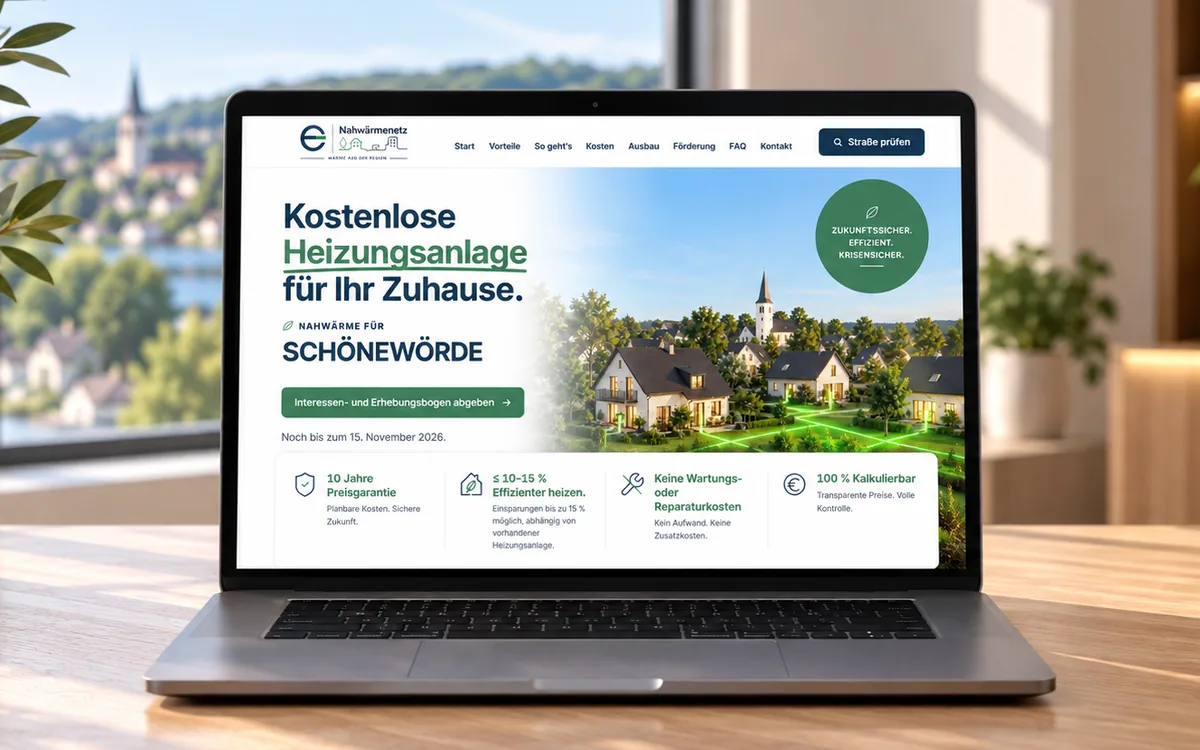 Die Nahwärme-Seite für Schönewörde auf einem Notebook: Überschrift Kostenlose Heizungsanlage für Ihr Zuhause, der Button zum Erhebungsbogen, das Dorf mit eingezeichnetem Wärmenetz und darunter Preisgarantie, Effizienz, Wartung und Kalkulierbarkeit