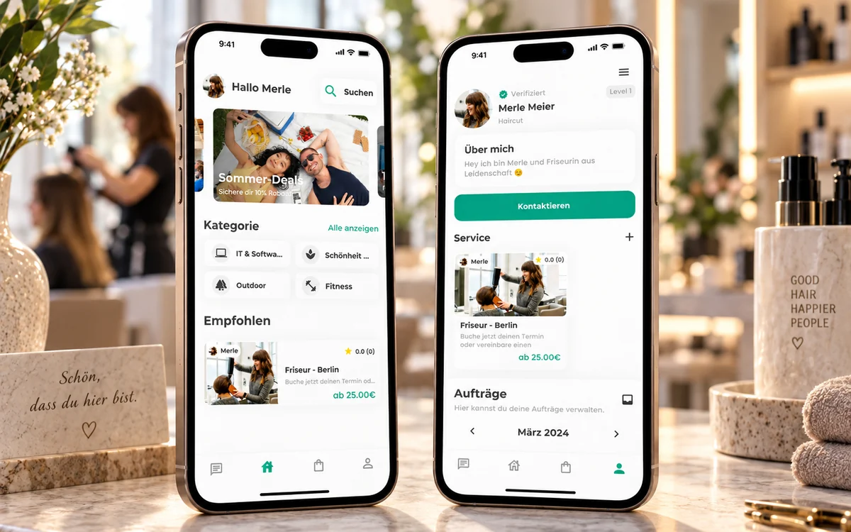 Die Obhut-App auf zwei Smartphones: Startseite mit Kategorien und Empfehlungen, daneben das Profil eines Dienstleisters mit Leistungen und Preisen
