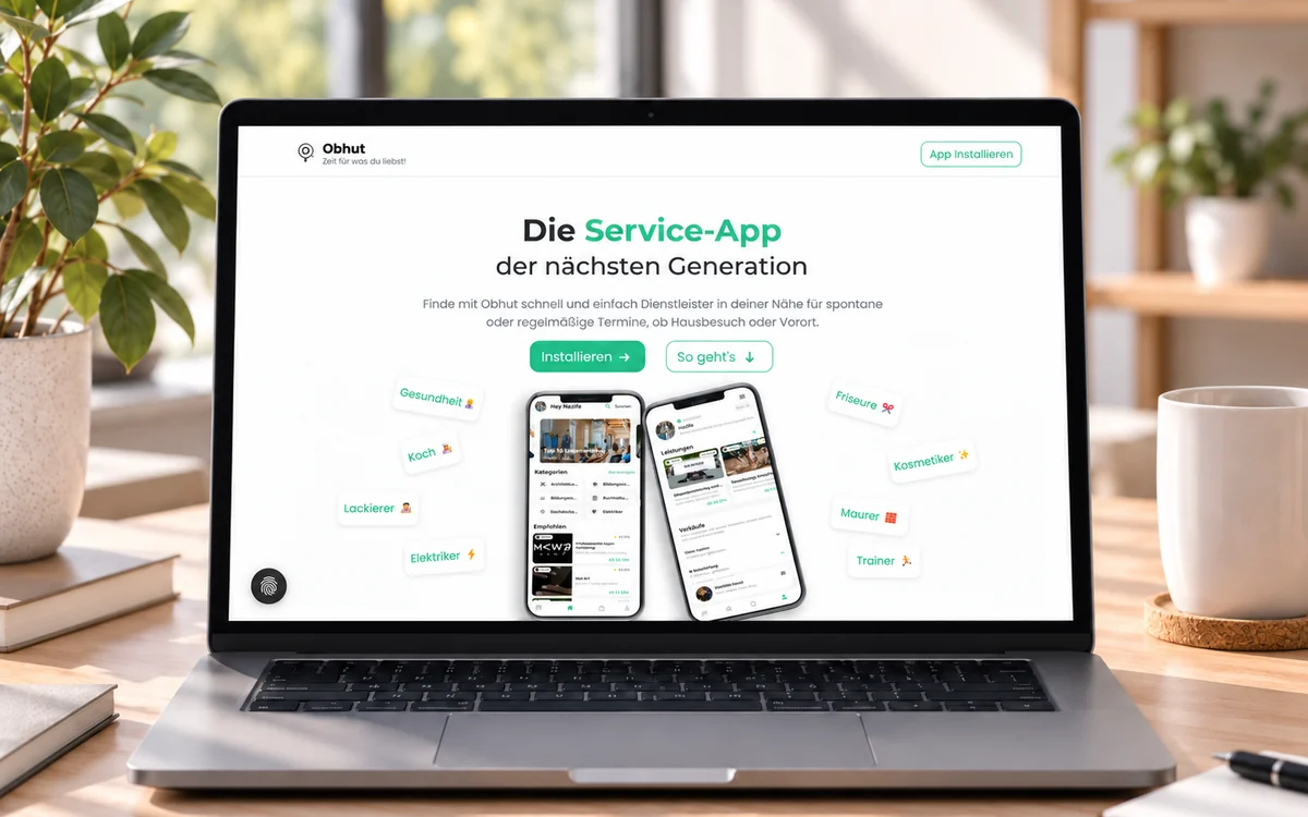 Die Obhut-Launchseite auf einem Notebook: Überschrift Die Service-App der nächsten Generation, zwei Handyansichten und ringsherum die Dienstleistungsarten von Gesundheit bis Trainer