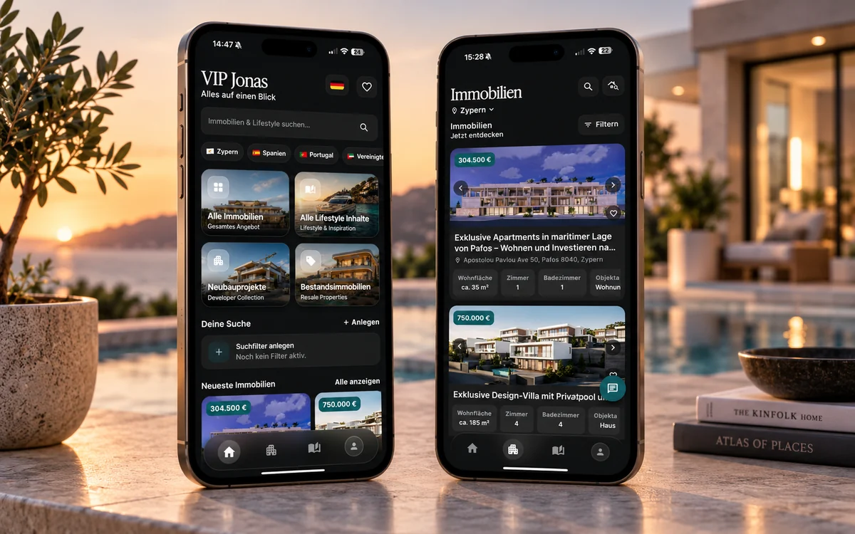 Die Privé-App auf zwei Smartphones: persönliche Startseite mit Suche und Kategorien, daneben die Objektliste mit Preisen und Eckdaten