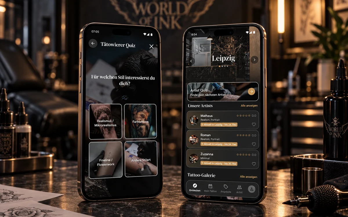 Die World-of-Ink-App auf zwei Smartphones: links der Tätowierer-Test zur Stilrichtung, rechts die Artist-Übersicht für Leipzig mit Bewertungen